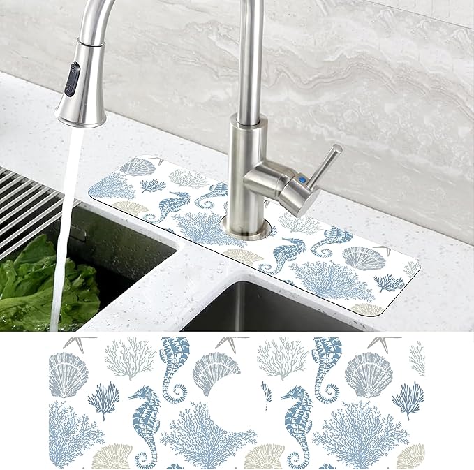 Marine Seashell Seahorse Coral Kitchen Sink Splash Guard Mat Absorbent Fast - Image 4