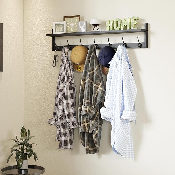 BAMEOS Wall Hooks with Shelf 35 Inch Length Entryway Hanging Shelf Wood Coat - Image 8