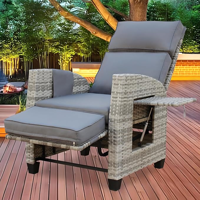 Wicker Outdoor Recliner | 145° Wicker Patio Reclining Chair with 4" Cushion | Air Pump Adjustable Backrest & Footrest, Flip-up Table & Side Pocket for Yard Patio Porch (Gray) by Unknown