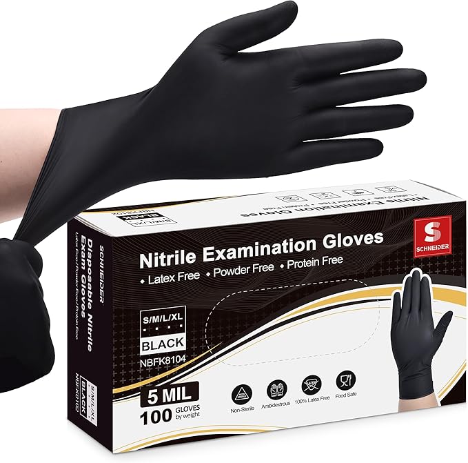 Schneider Black Nitrile Exam Gloves, 5 Mil Disposable Gloves, Latex Free & by Schneider