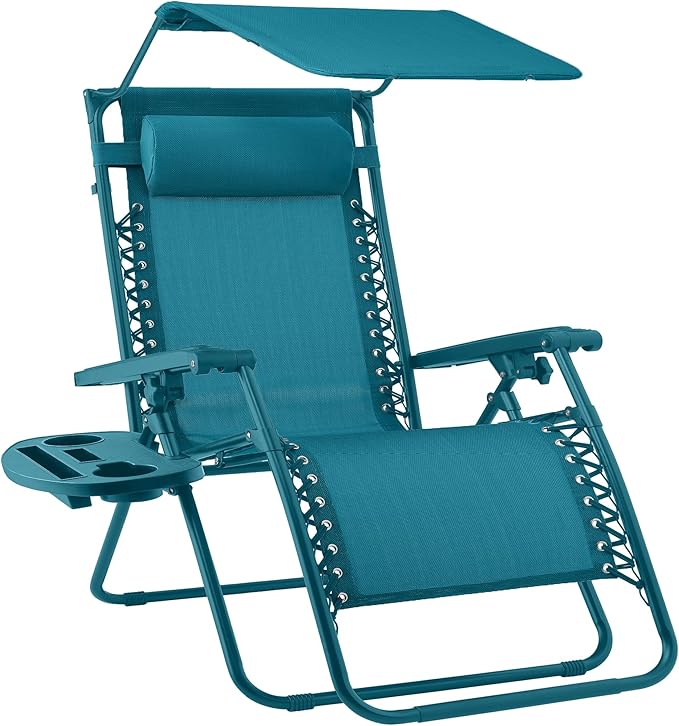 Best Choice Products Folding Zero Gravity Outdoor Recliner Patio Lounge Chair w/Adjustable Canopy Shade, Headrest, Side Accessory Tray, Textilene Mesh - Peacock by BestChoiceProducts