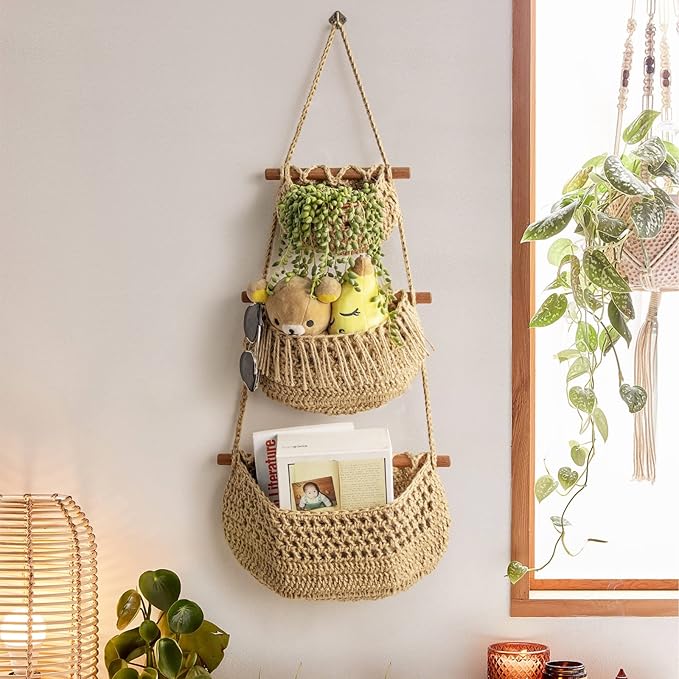 Hanging Fruit Basket, 3 Tier Over the Door Organizer, Handmade Woven Jute Wall - Image 4