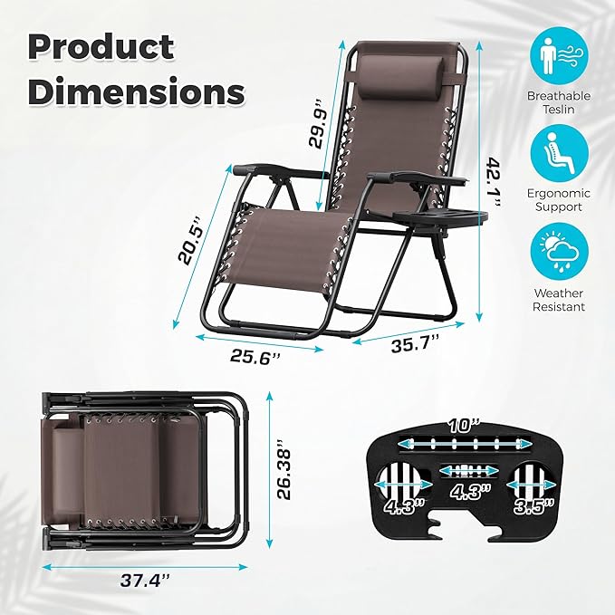 Homall Zero Gravity Chair Patio Folding Lawn Outdoor Lounge Gravity Camp Reclining Lounge Chair with Cup Holder Pillows for Poolside Backyard and Beach Set of 4 (Brown) - Image 3
