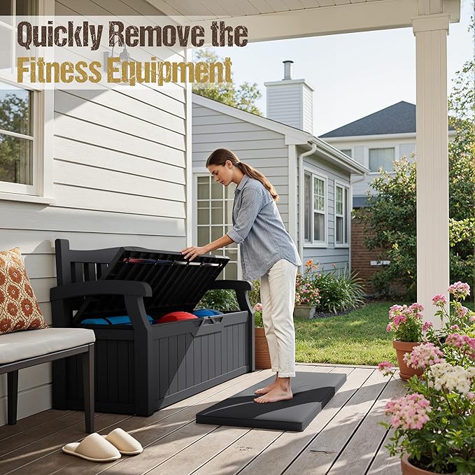80-Gallon Outdoor Storage Bench with Cushion, Lockable Waterproof Deck Box with Armrests for Patio, Garden, Pool, Black - Image 7