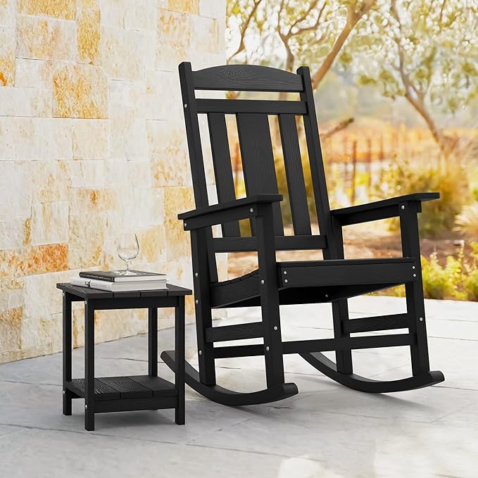 LUE BONA Rocking Chair Outdoor, Weather Resistant Poly Plastic Rocker Chairs, 350lb Heavy Duty, Oversized Porch for Adult, High Back Smooth Chairs Outdoor & Indoor, Black - Image 6