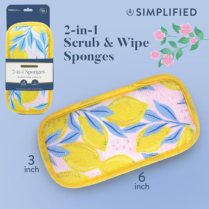 Simplified 5-Pack Scrub & Wipe 2-in-1 Dishwashing Sponges - Image 6
