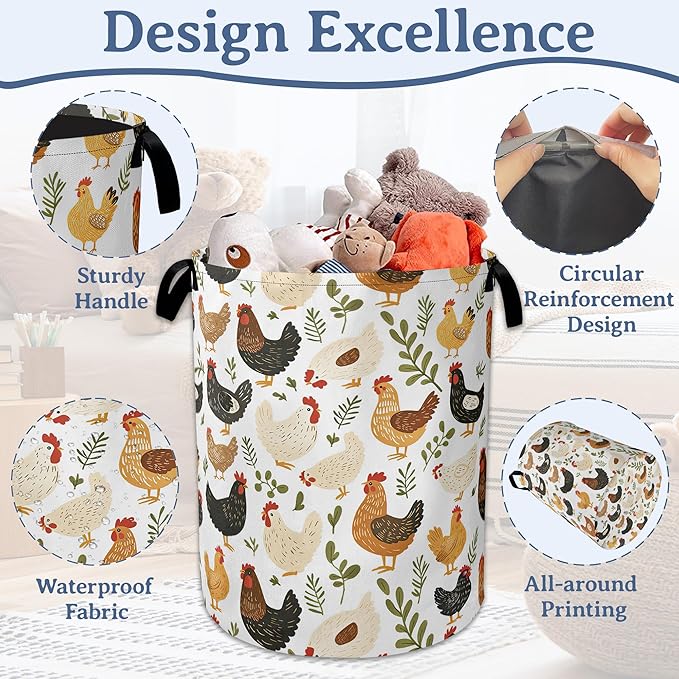 Rooster Hen Chick Laundry Basket, Foldable Waterproof Oxford Cloth Tote Bag - Image 4