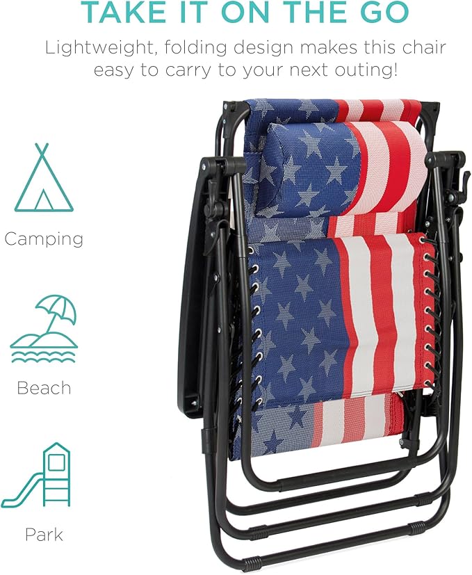 Best Choice Products Folding Zero Gravity Outdoor Recliner Patio Lounge Chair w/Adjustable Canopy Shade, Headrest, Side Accessory Tray, Textilene Mesh - American Flag - Image 8