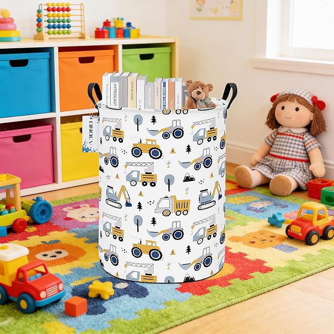 Round Foldable Laundry Hamper Kids Forest Vehicles Excavator Boys Gift Basket - Image 4