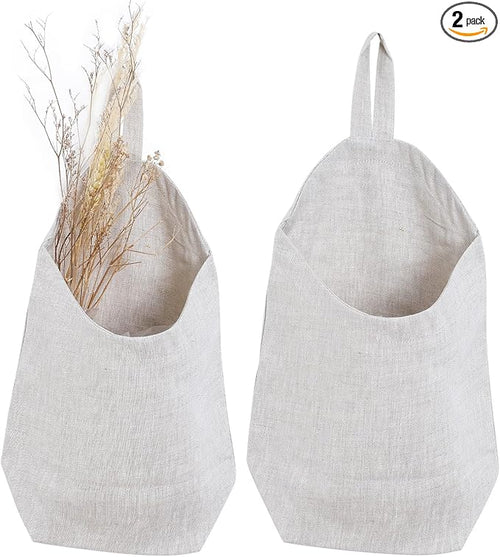 100% Linen Hanging Storage Bags Baskets 2 Pcs, Small Wall Storage Bag by HSOFTIFY