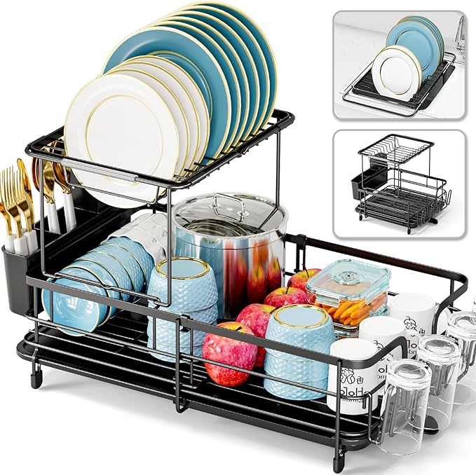 2 Tier Dish Drying Rack, Expandable Two Tier Dish Rack by Urackify