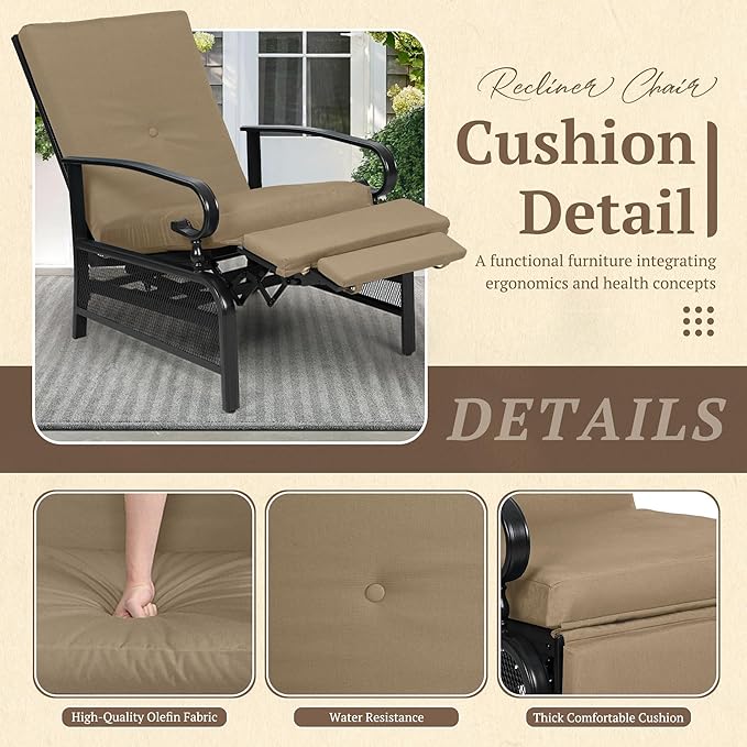 Oakcloud Adjustable Outdoor Lounge Chair Metal Patio Relaxing Recliner Chair with Removable Cushions(Brown) - Image 4
