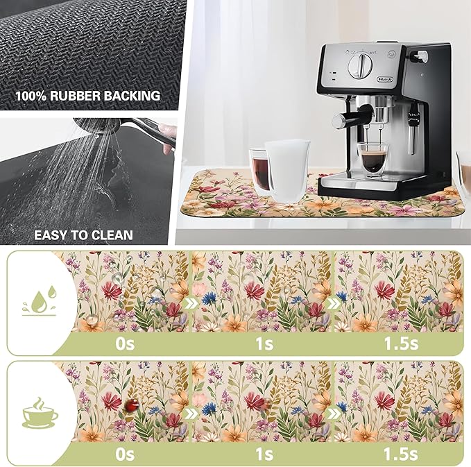 Colorful Wildflowers Dish Drying Mat Meadow Flowers Floral Kitchen Mat 12"x19" - Image 3
