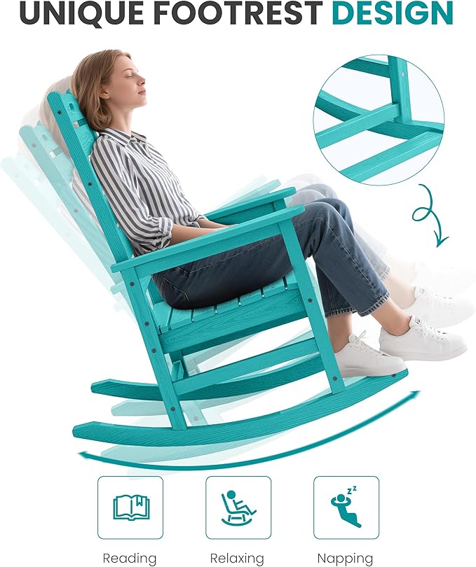 SERWALL Outdoor Rocking Chair, Oversized Rocking Chair with Footrest for Adults, HDPE All Weather Resistant Rocking Chairs for Patio, 350lbs Weight Capacity, Aruba - Image 7