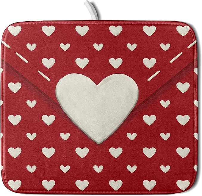 Valentines Day Dish Drying Mat for Kitchen Counter 16x18 Cream Red Love Heart by Aytipun