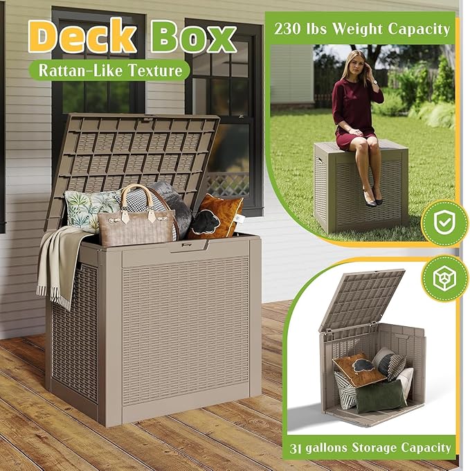 31 Gallon Outdoor Storage Box Weather Resistant UV Protection Waterproof Resin Deck Box for Garden, Patio, Porch, Delivery(Rattan Beige) - Image 2