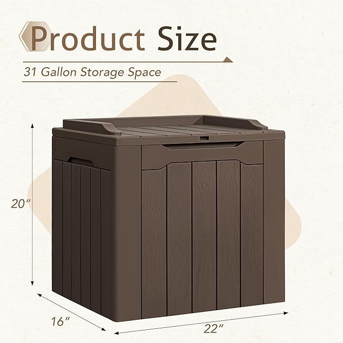 Flamaker 2 Pack Deck Box 31 Gallon Waterproof Resin Storage Box with Lid Indoor Outdoor Delivery Box Storage Bin for Patio Cushions (Deep Brown) - Image 4