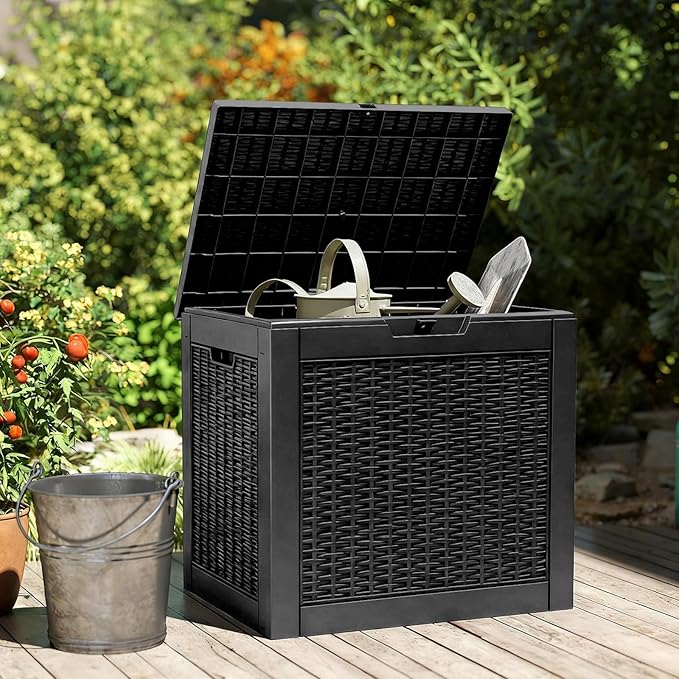 NEWBULIG 31 Gallon Outdoor Storage Box, Waterproof Deck Box with Lockable Lid, Patio Furniture Bench & Side Table, Easy Assembly, for Garden, Pool, Patio & Backyard Organization, Rattan Texture Black - Image 6