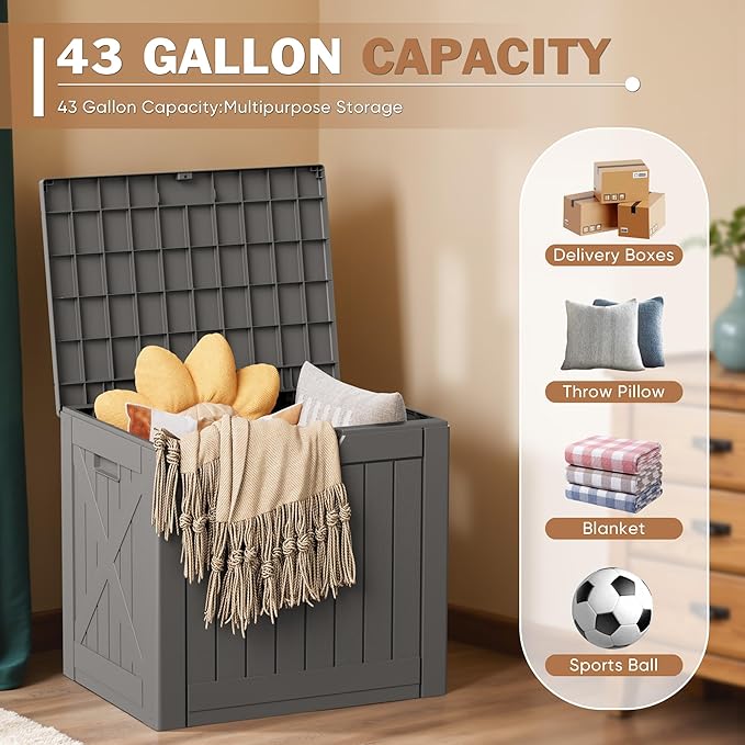 Patiowell 43 Gallon Resin Deck Box, Outdoor Storage Box for Patio Furniture, Deliveries, Pool Supplies,Waterproof and Lockable (Grey) - Image 2