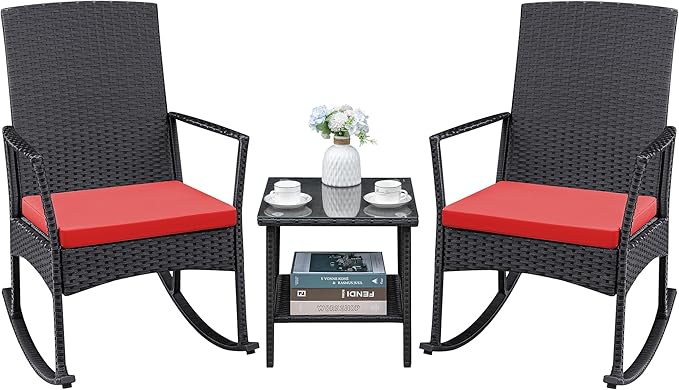 Greesum 3 Pieces Patio Furniture Set Outdoor Wicker Rocking Chairs with Glass Coffee Table for Garden Backyard Porch Poolside, Red by BuynowfromGreesum