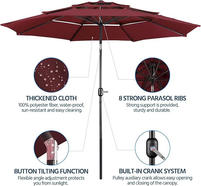 Yaheetech 3 Tier Patio Umbrella 10ft Vented Outdoor Large Market Table Umbrella with 8 Sturdy Ribs & 1.5" Umbrellla Pole, Double-layer Cloth & Push-button Tilting & Crank for Pool/Garden/Lawn Burgundy - Image 4
