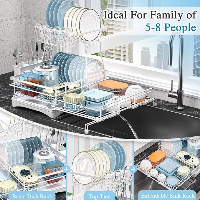2 Tier Dish Drying Rack, Large Extendable Dish Racks - Image 3