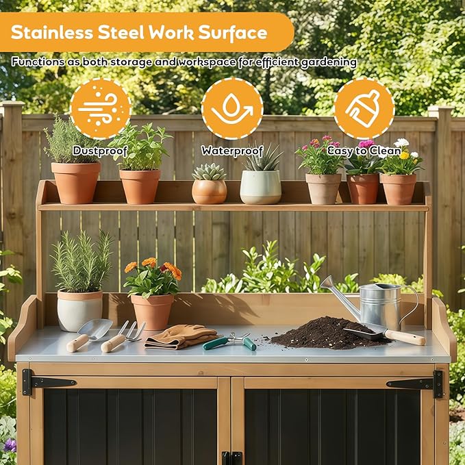 Potting Bench Table & Outdoor Storage Cabinet with Lockable Wheels, Adjustable Shelves, Mobile Waterproof Metal Top Workstation for Garden Patio BBQ Organization, Magnetic Latch & Edge Guard - Image 6