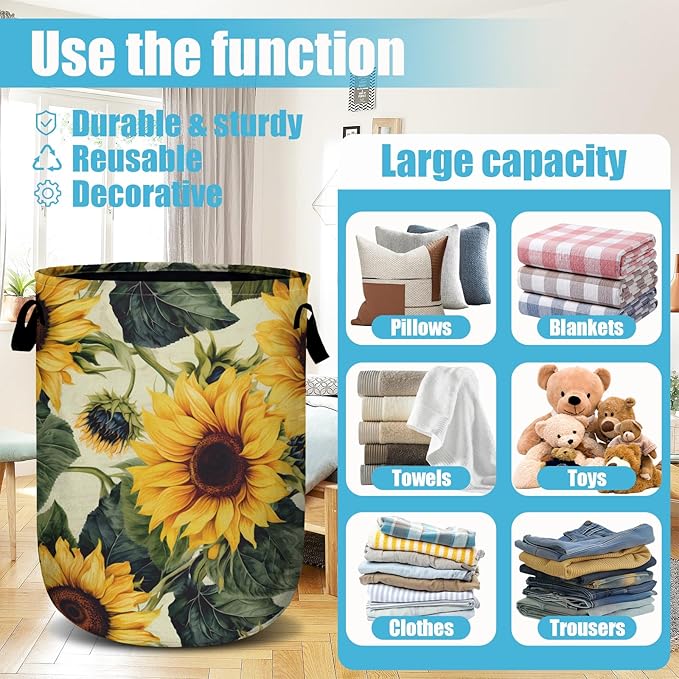 Retro Sunflower Laundry Basket, Floral Laundry Hamper Collapsible Oxford Cloth - Image 3