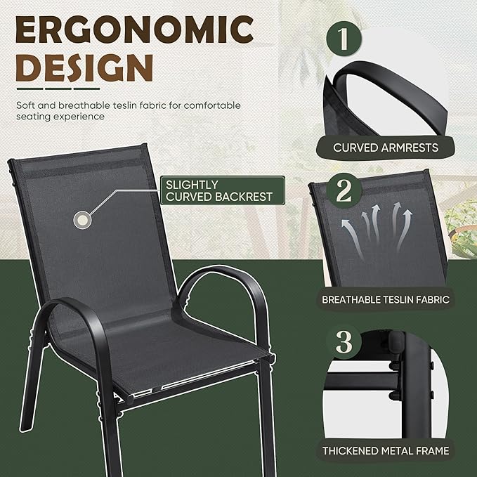 Flamaker Patio Chairs Stackable Dining Chairs Set of 4 Metal and Teslin Outdoor Chairs for Lawn Deck Porch Balcony (Black) - Image 4