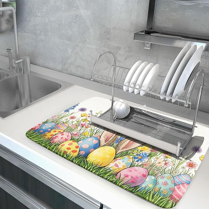 Easter Colorful Bunny Egg Flowers Dish Drying Mat 18 x 24 Inch Absorbent - Image 5