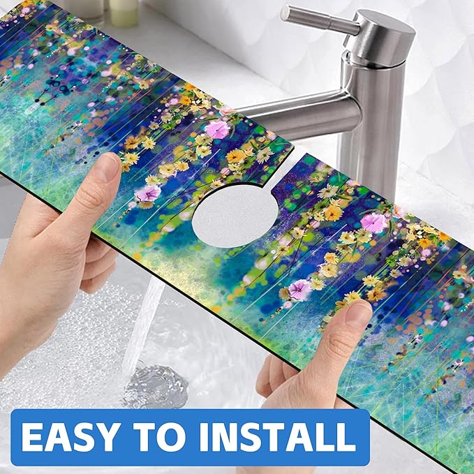 Abstract Watercolor Floral Kitchen Sink Splash Guard Mat Absorbent Fast Drying - Image 6