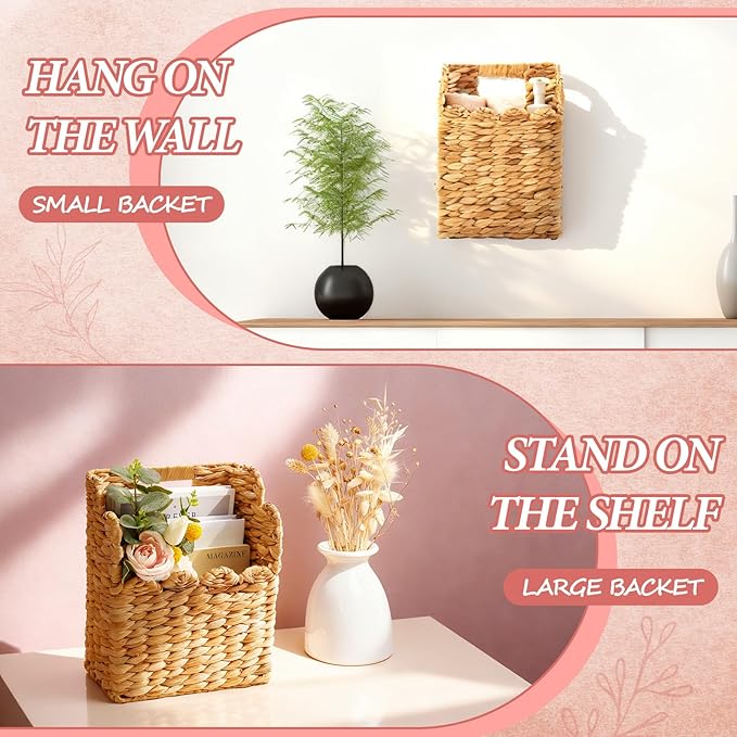 LemonRoad Wall Hanging Wicker Basket Set of 2, Handwoven Water Hyacinth Basket - Image 3
