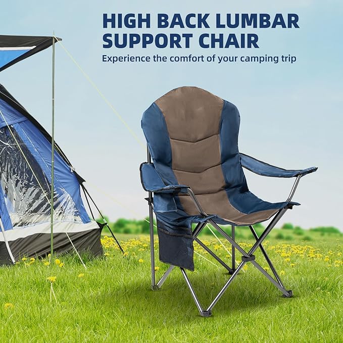 2 Pack Folding Camping Chairs for Adults - High Back Padded Outdoor Lawn Chairs with Lumbar Support & Cup Holder, 400lbs Heavy Duty Portable Camping Chairs Set (Blue & Brown, 2 PCS) - Image 3
