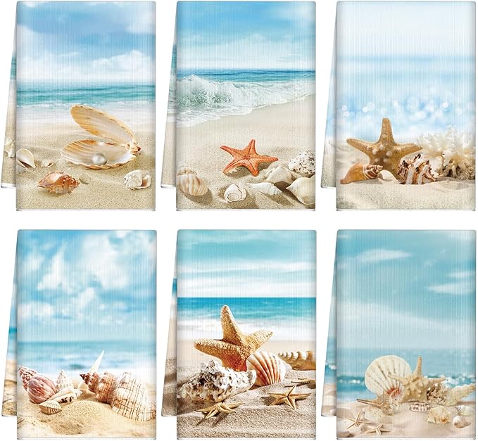 Breling Set of 6 Summer Beach Kitchen Towels Coastal Dish Towel Bathroom by Breling