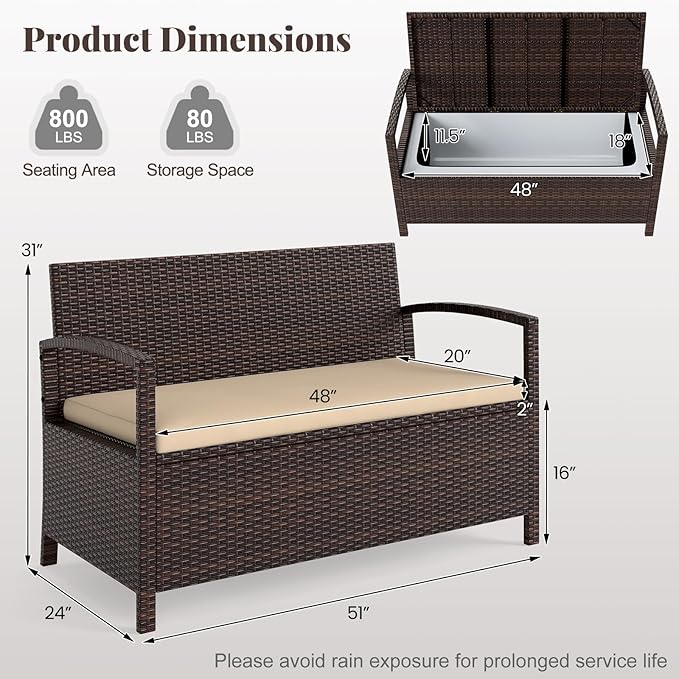 Tangkula 42 Gallon Outdoor Bench with Storage, Outdoor PE Rattan Storage Bench with Cushion, Backrest & Acacia Wood Armrests, Metal Frame, Waterproof Deck Box Seat for Porch Backyard Poolside - Image 3