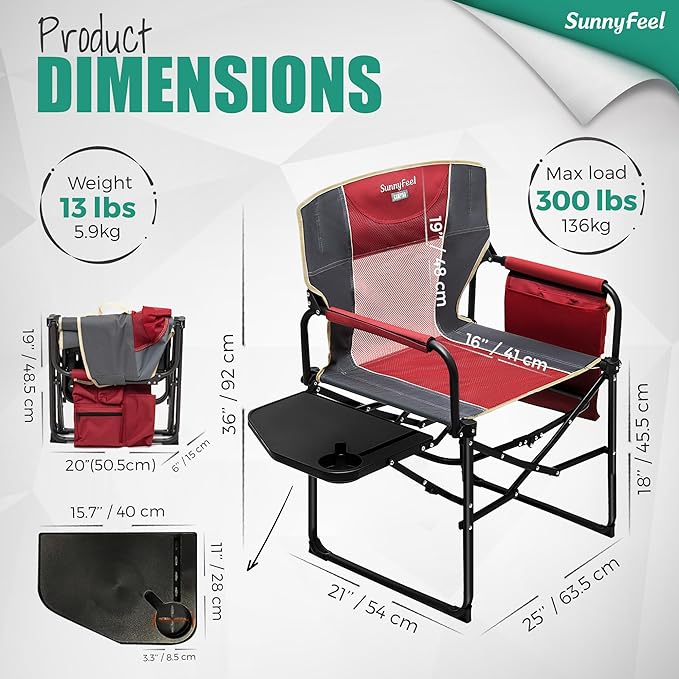 SUNNYFEEL Camping Directors Chair, Heavy Duty,Oversized Portable Folding Chair with Side Table, Pocket for Beach, Fishing,Trip,Picnic,Lawn,Concert Outdoor Foldable Camp Chairs - Image 3