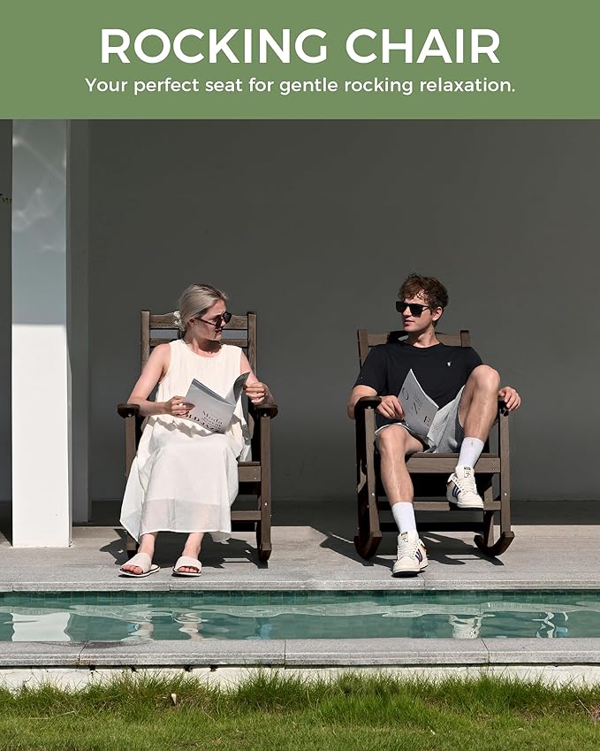 Oversized Outdoor Rocking Chair, HDPE All Weather Resistant Rocking Chairs for Patio, High Back Porch Rocker Chair, 380lbs Weight Capacity, Brown - Image 7