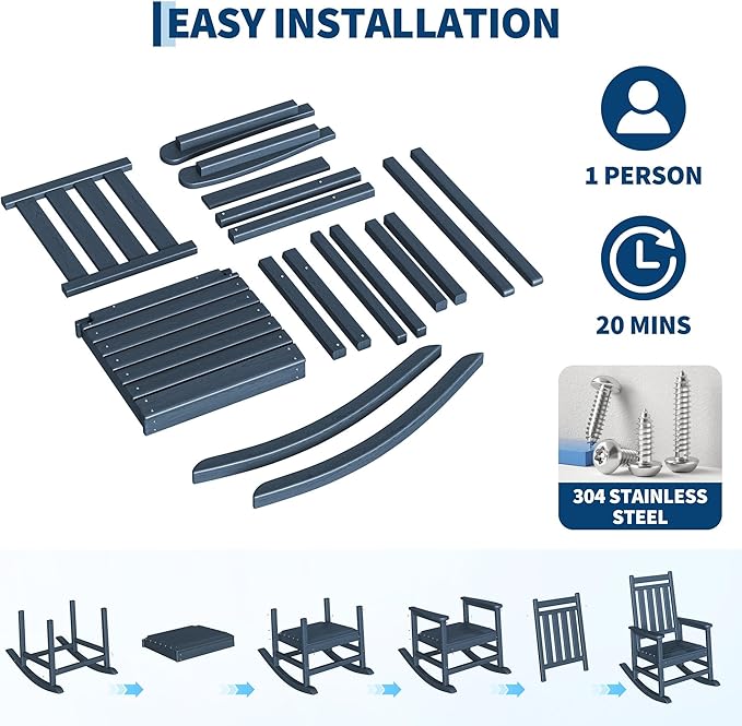 HDPE Rocking Chair Outdoor- Poly High Back Porch Rocker Chairs for Adults - All Weather Resistant Furniture for Patio Front Porch - Navy Blue - Image 5