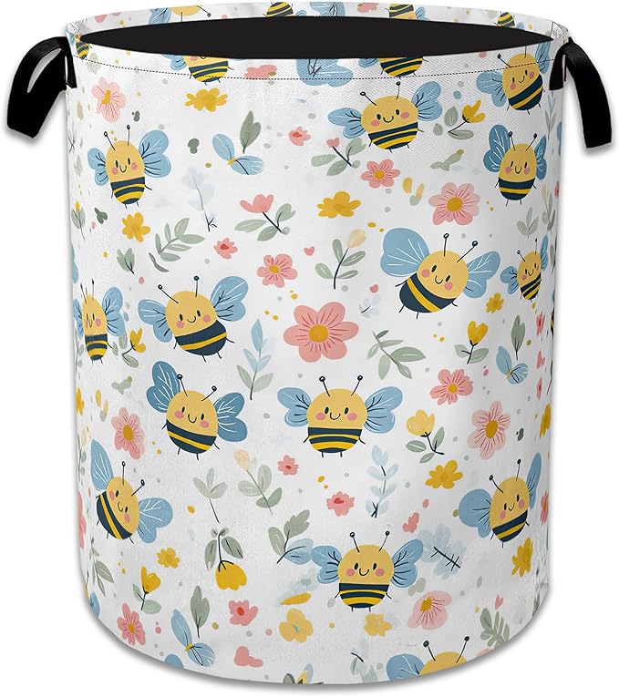 Cute Bee Laundry Basket, Foldable Oxford Cloth Pink Flowers Laundry Hamper by Unknown