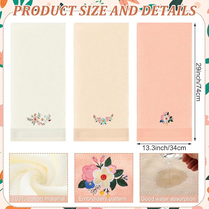 3 Pcs Boho Flowers Hand Towels Embroidered Modern Flowers Bathroom Decor 14x29 - Image 2