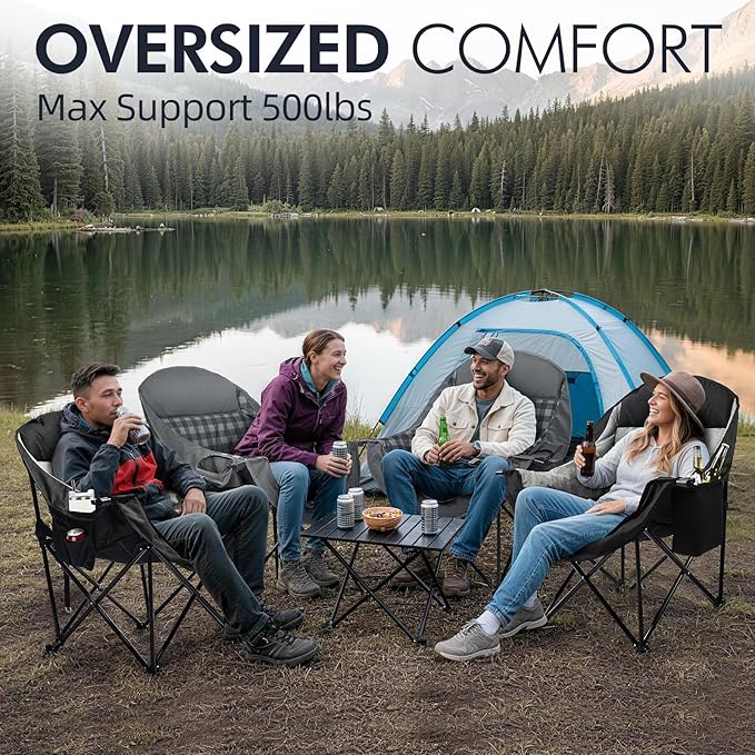 Oversized Camping Chair for Adults - Heavy Duty Outdoor Padded Large Lawn Camp Chair with Cup Holder Cooler Pockets for Sports Beach Fishing Garden Portable Supports 500lbs, Black/Grey 2 Pack - Image 2