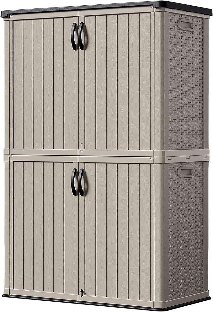 Devoko Outdoor Storage Cabinet 50 Cu Ft with Lockable Doors, Vertical Storage Shed Waterproof Patio Tools Storage Box for Sofa Cushions, Gardening Tools and Accessories (Beige) by DEVOKO