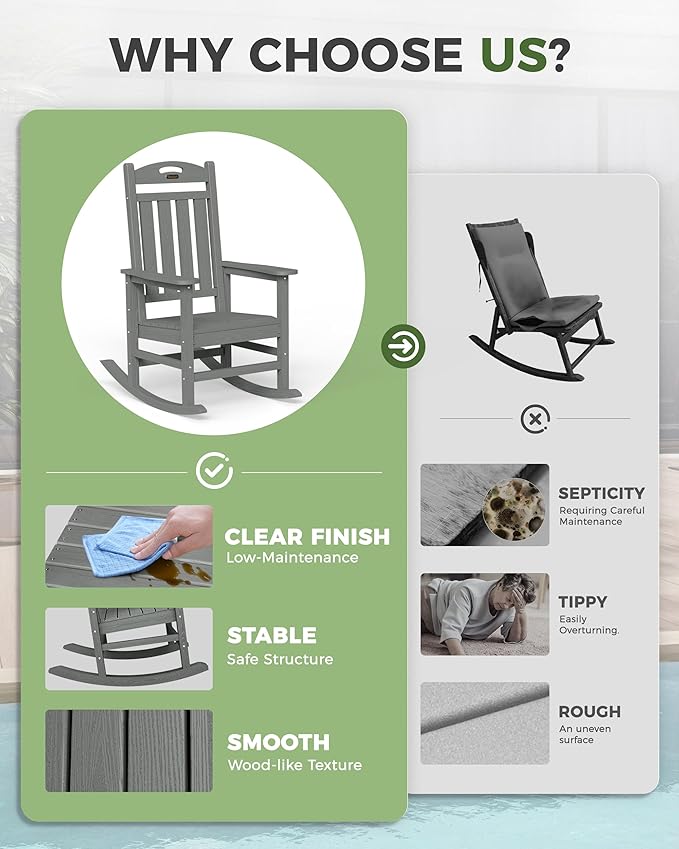 Oversized Outdoor Rocking Chairs Set of 2, High Back Porch Rocker Chair, HDPE Rocking Chairs for Patio, Living Room, Light Grey - Image 9