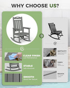 Oversized Rocking Chair Outdoor, High Back Porch Rocker Chair, HDPE All Weather Resistant Rocking Chairs for Patio, 380lbs Weight Capacity, Grey - Image 8
