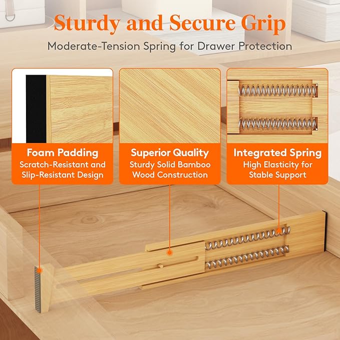 Lifewit 2.4" High 6 Pack Bamboo Drawer Dividers 33-42cm/13-16.5" Adjustable - Image 2