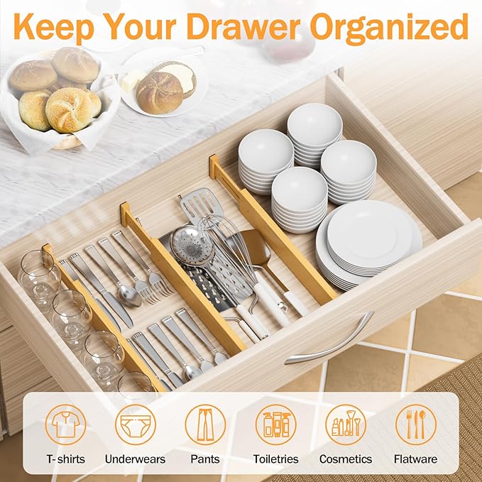 BAMBUROBA Bamboo Drawer Dividers, Adjustable Kitchen Drawer Organizer - Image 3