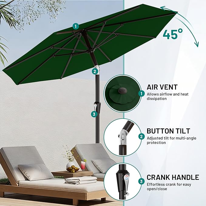 AreShark 9 FT Patio Umbrella for Outdoor, Outdoor Table Umbrella with Push Button Tilt and Crank, Outdoor Patio Umbrellas with 8 Sturdy Ribs for Market, Garden, Pool (Dark Green) - Image 5