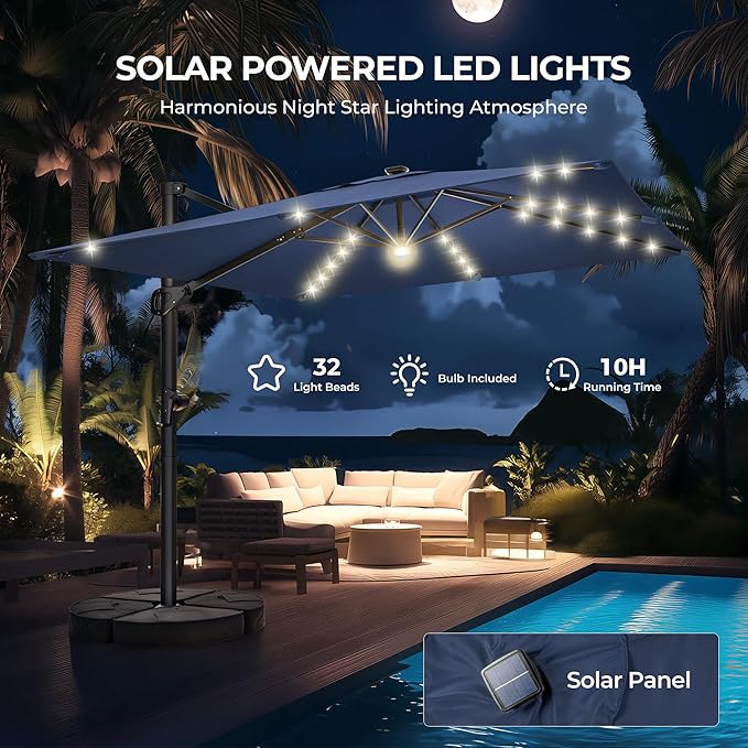 HOMSHADE 10 ft Square Cantilever Patio Umbrella with Base Included, Solar Lights Large Umbrella Outdoor Patio with 360°Rotation&Tilting, LED Lighted Offset Umbrellas w/Stand for Pool Deck - Image 2