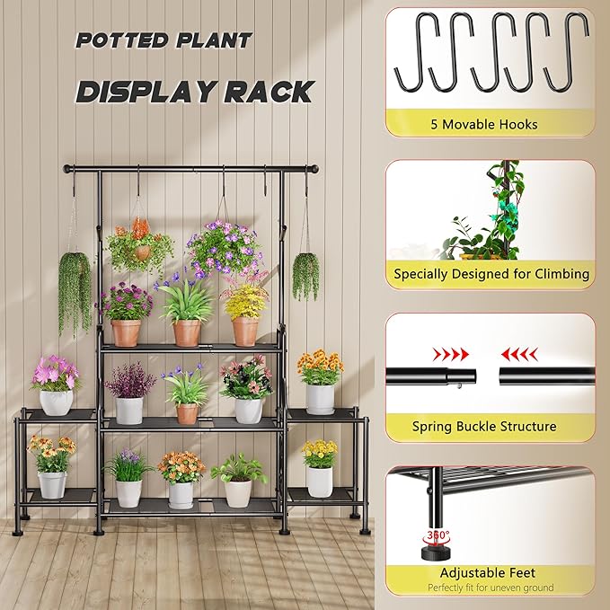 GIOTORENT 3-Tier Tall Metal Plant Stand Indoor Outdoor - Heavy Duty Plant Shelf for Garden, Patio, Balcony with 5 Hanging Hooks, Holds 16-25 Plants, Black - Image 5