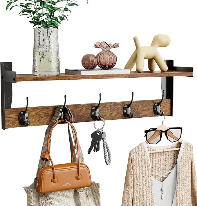 Coat Rack with Wall Mount, 23 Inch Long Entryway Wall Shelf with Hooks by Unknown